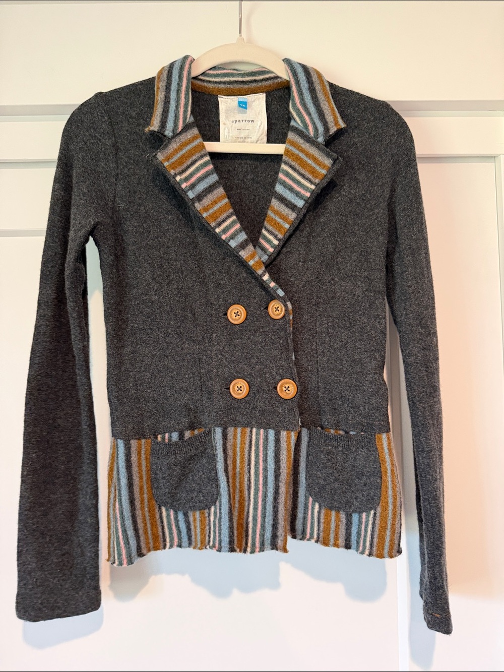 sparrow 100% lambs wool Double-Breasted Jacket with Multicolor Striped Trim